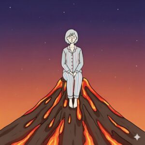 溶岩が流れ出ている火山の上に座る女性